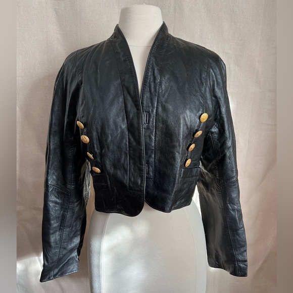 Vintage Mondi 80s Black Leather Jacket & Shorts Set – Gold Buttons, Size 38/36​ - Picture 7 of 16